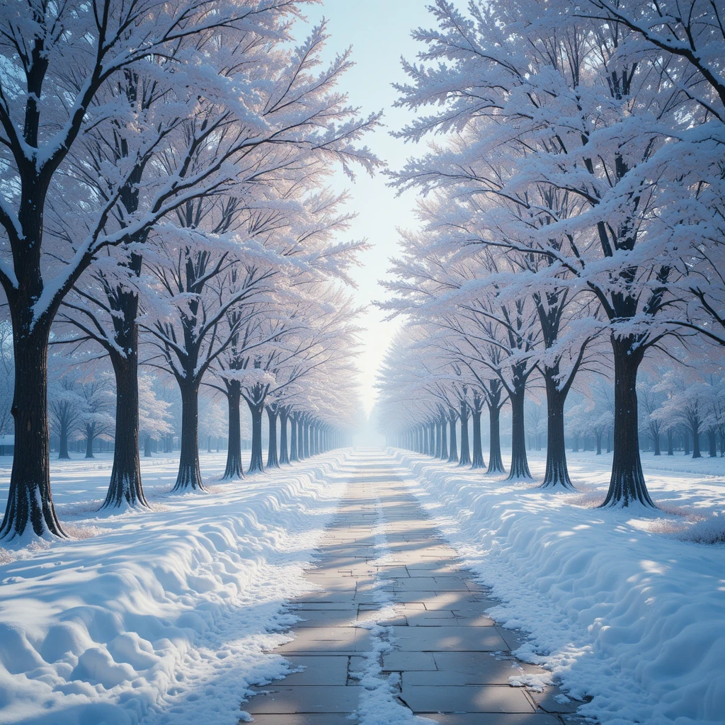 冬日寧靜中被樹木環繞的寬闊雪地人行道