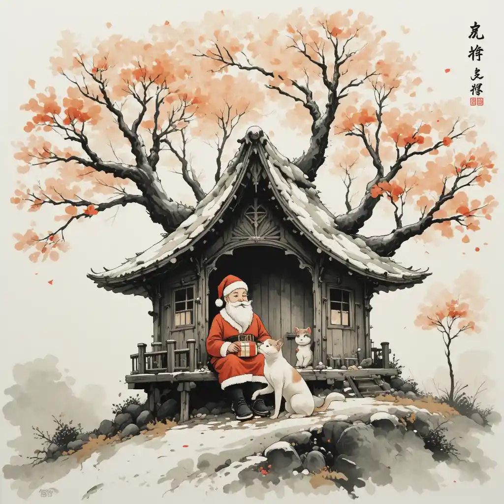 Detailreiche Tintenzeichnung eines friedlichen Sakura-Baumhauses