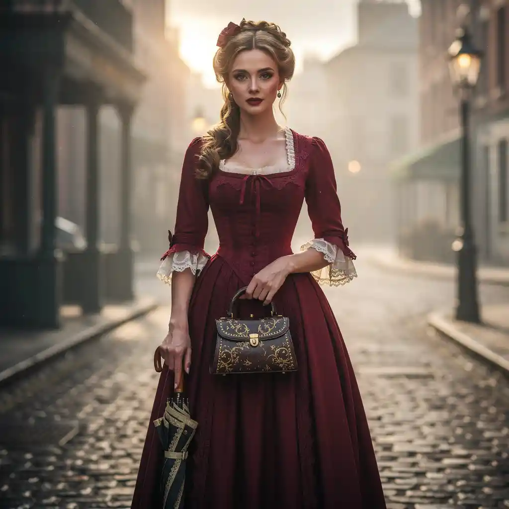 Young woman in red victorian dress on a city street