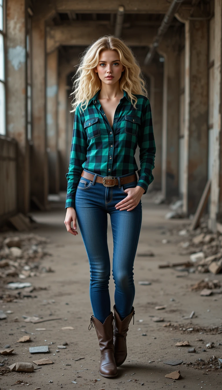 Blonde woman in plaid shirt posing in abandoned factory
