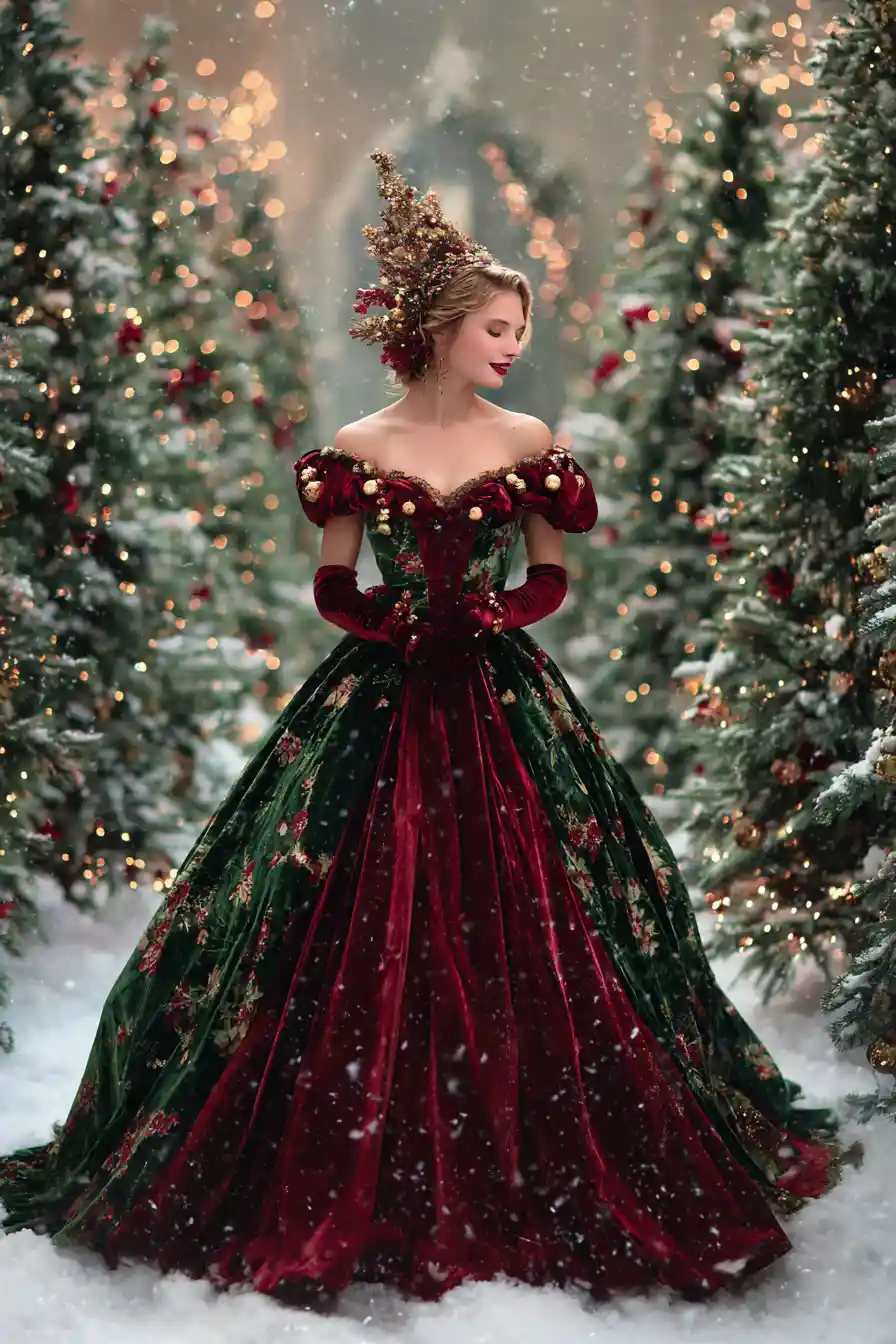 Elegant Christmas lady in a snowy winter forest