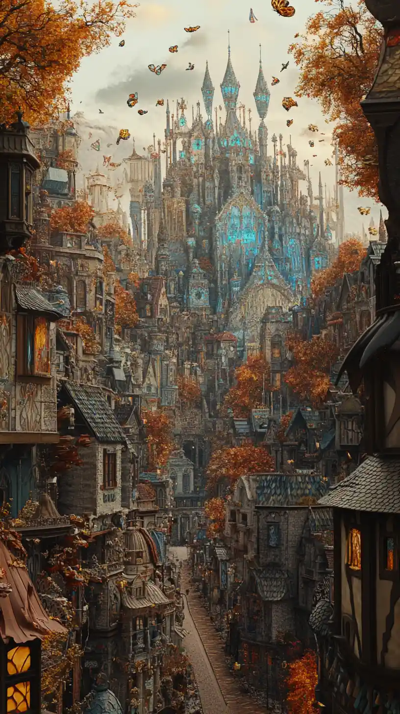 Verspielte Fantasiestadt mit leuchtendem Eisschloss im Hintergrund