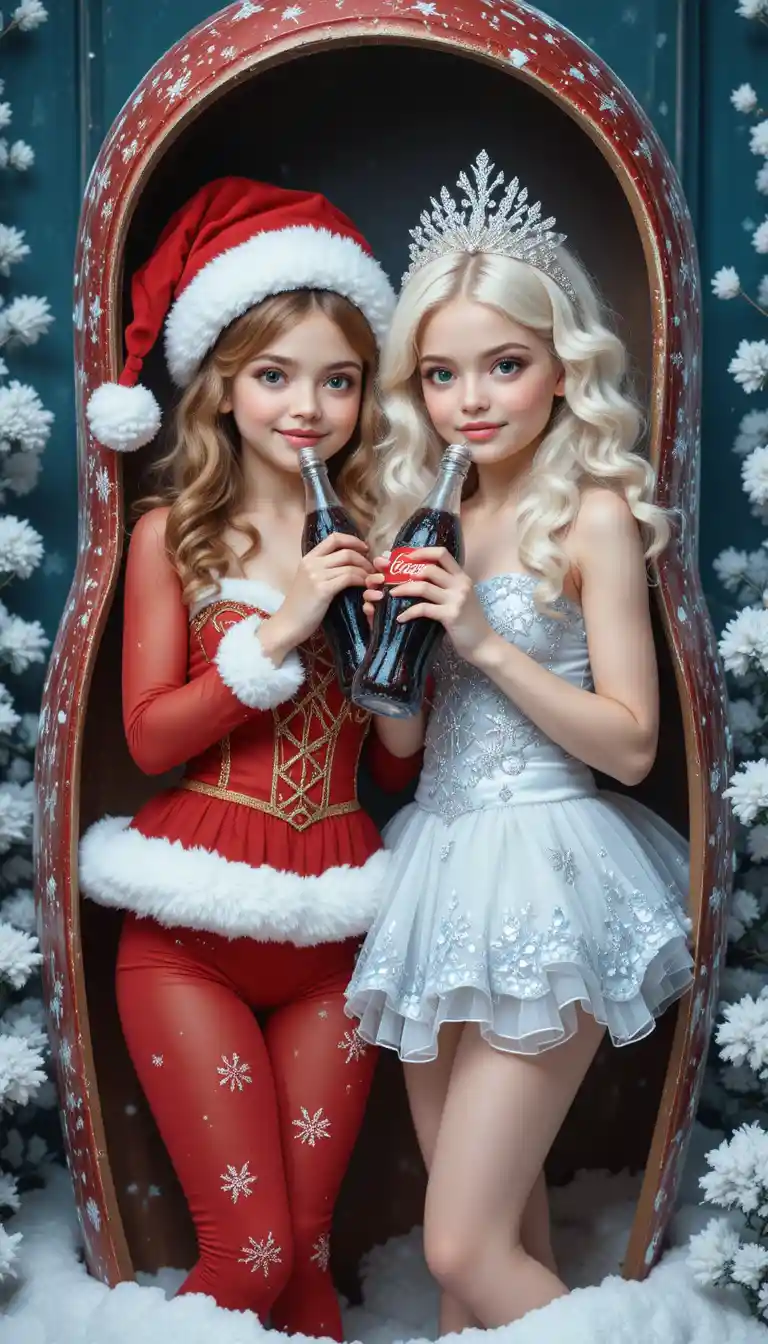 Deux sœurs festives en costumes de Père Noël et de Fille des Neiges