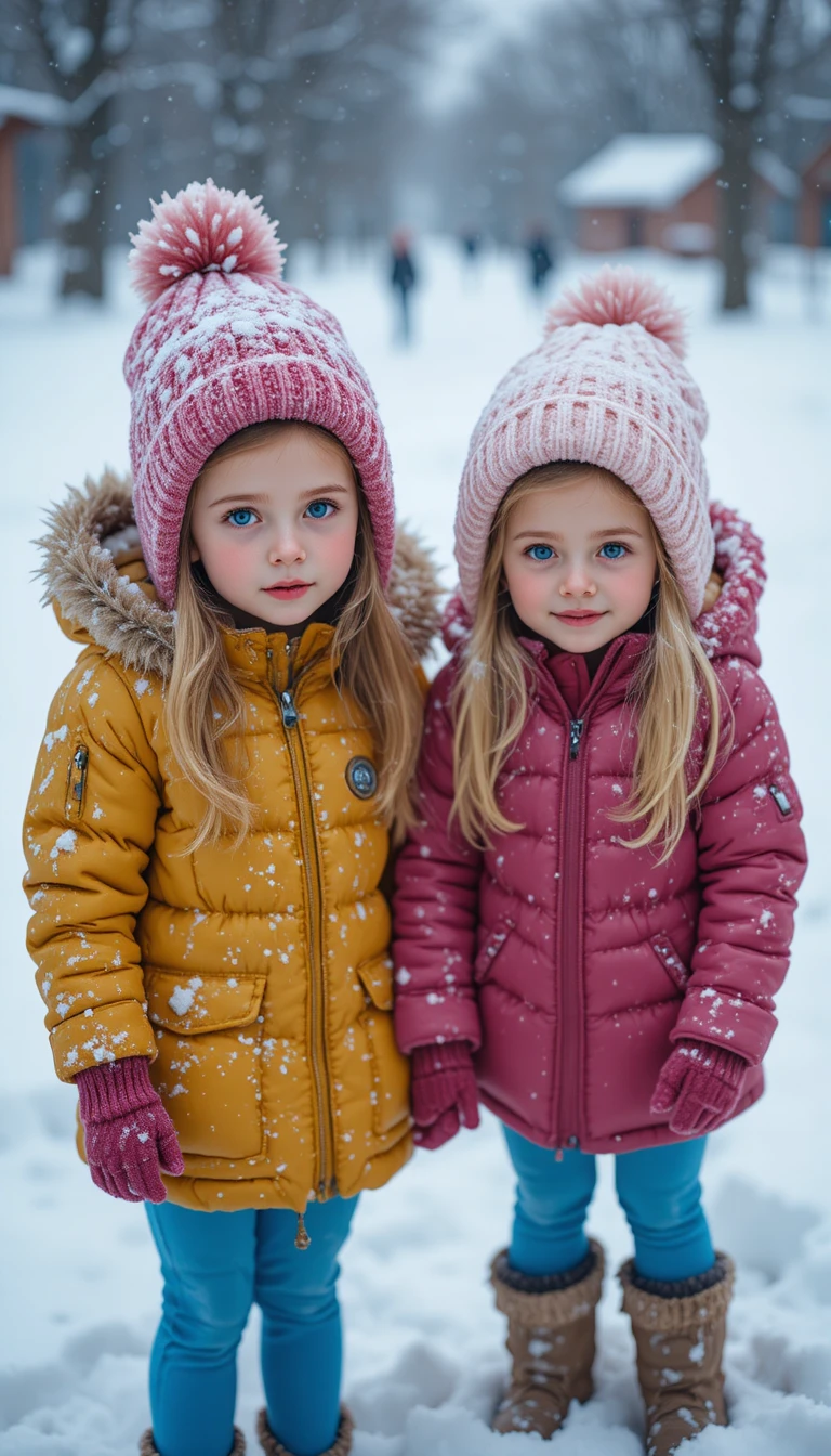 Giovani ragazze che tremano e diventano livide sotto la neve che cade