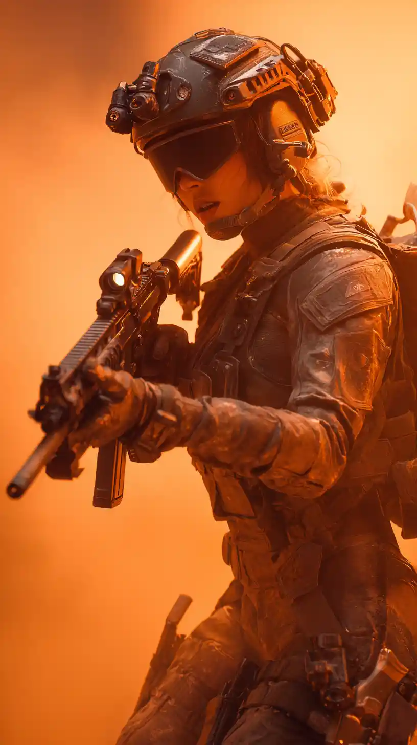 Bewaffnete Sci‑Fi-Heldin zielt mit Waffe in futuristischer Schlacht