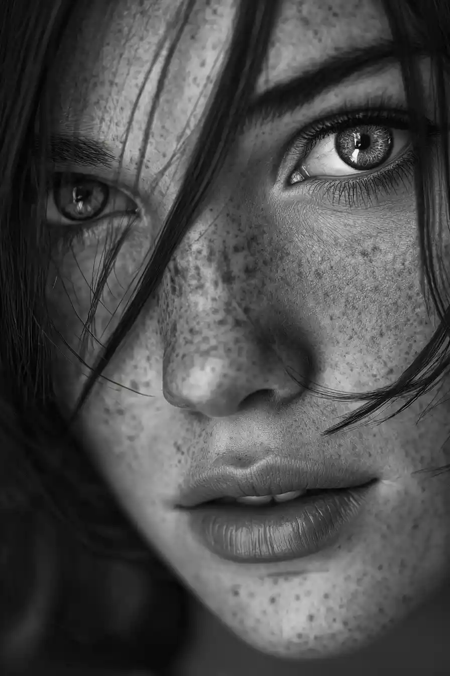 Black and white close up portrait of a young woman