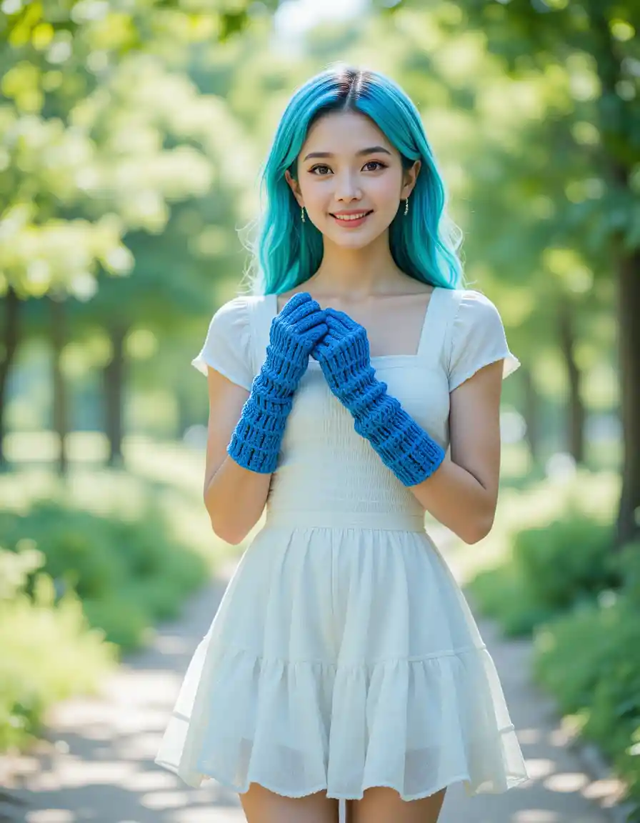 Femme joyeuse aux cheveux turquoise sur un sentier ensoleillé du parc