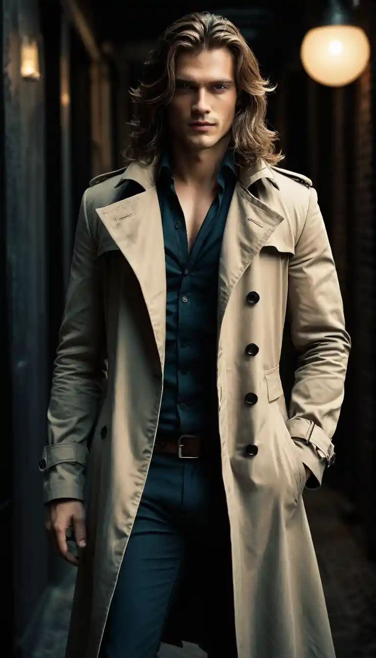 Charismatic young man in trench coat with seductive gaze