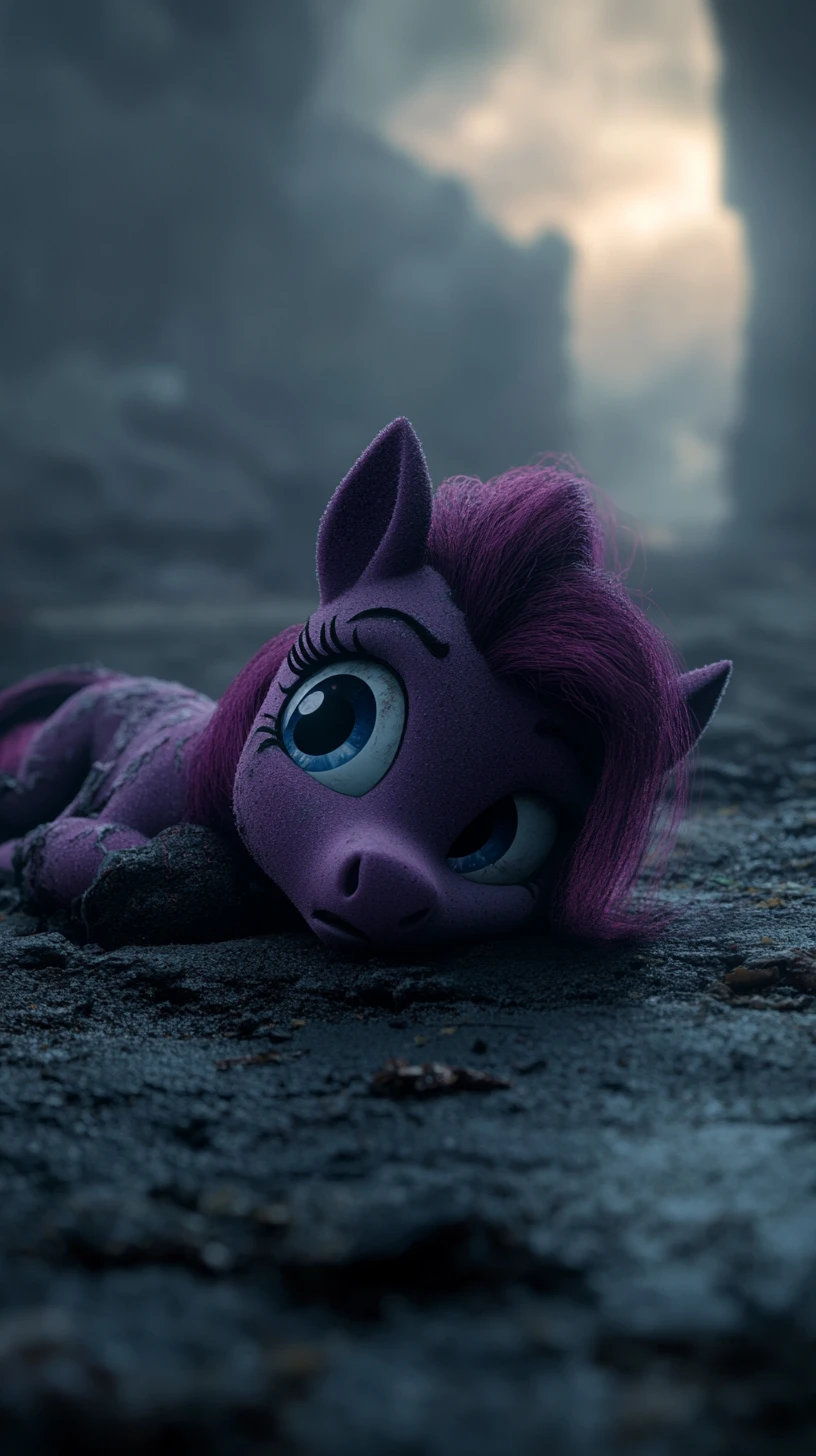 Fillette poney d’anime blessée dans un paysage désert et vide