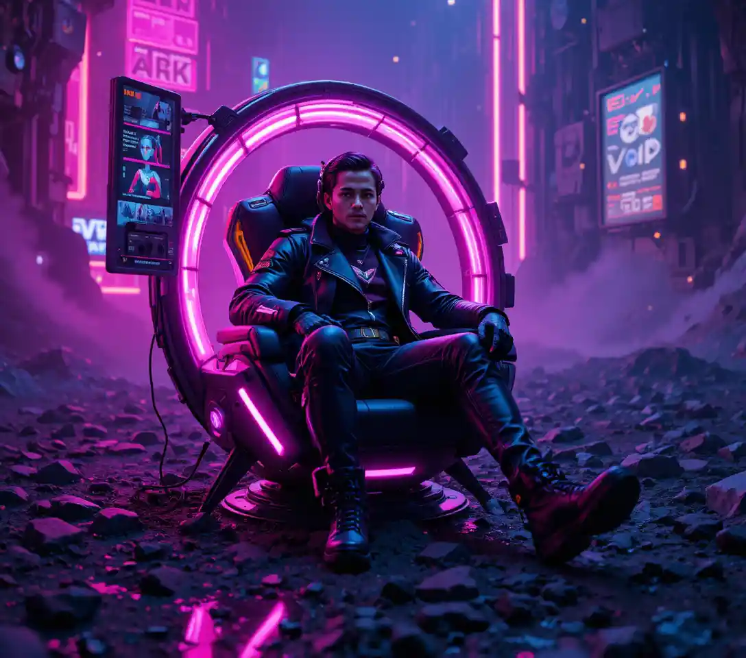 Woman on futuristic black throne in cyberpunk esports arena