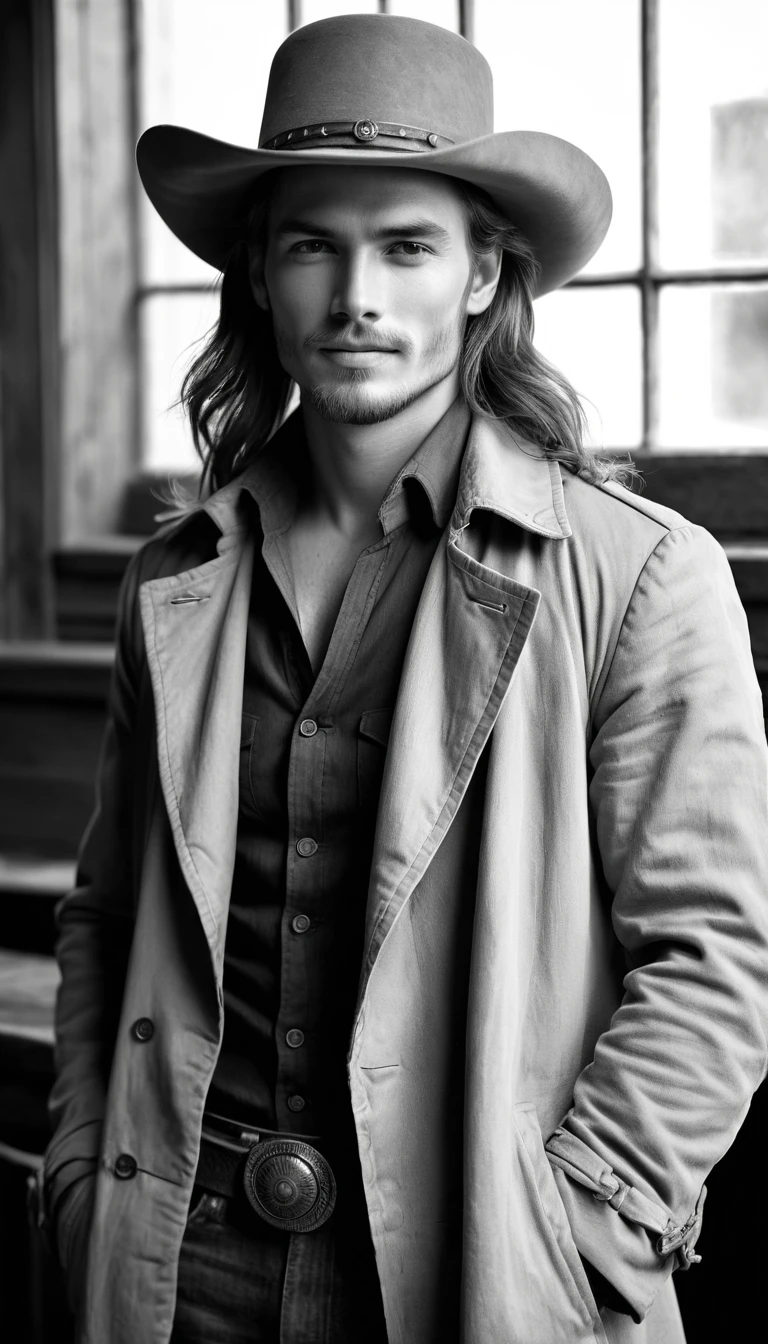 Charming young cowboy posing in a classic western saloon