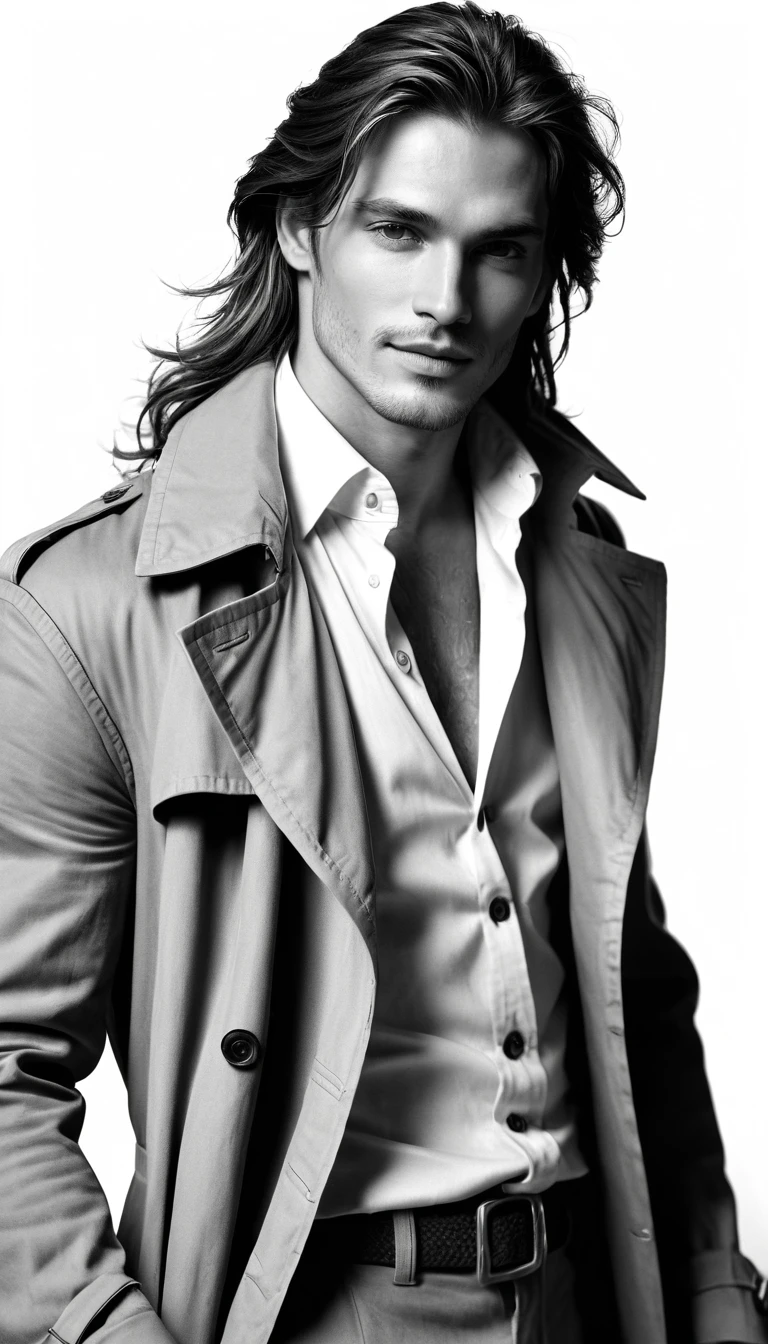 Giovane carismatico in trench coat in posa da ritratto