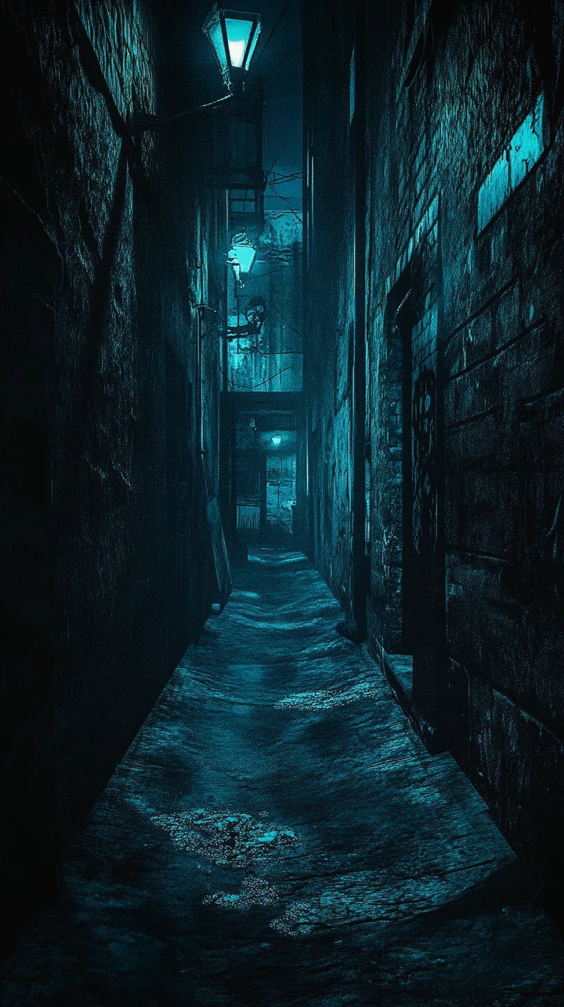 Close up view of a dark abandoned alley at night