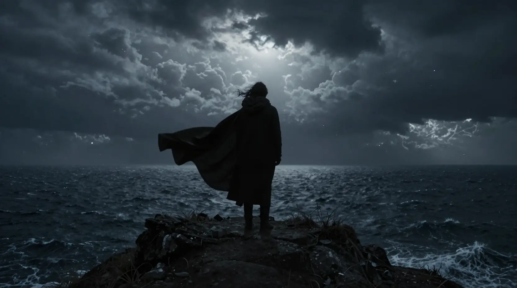 Lone cloaked figure on a cliff above stormy sea