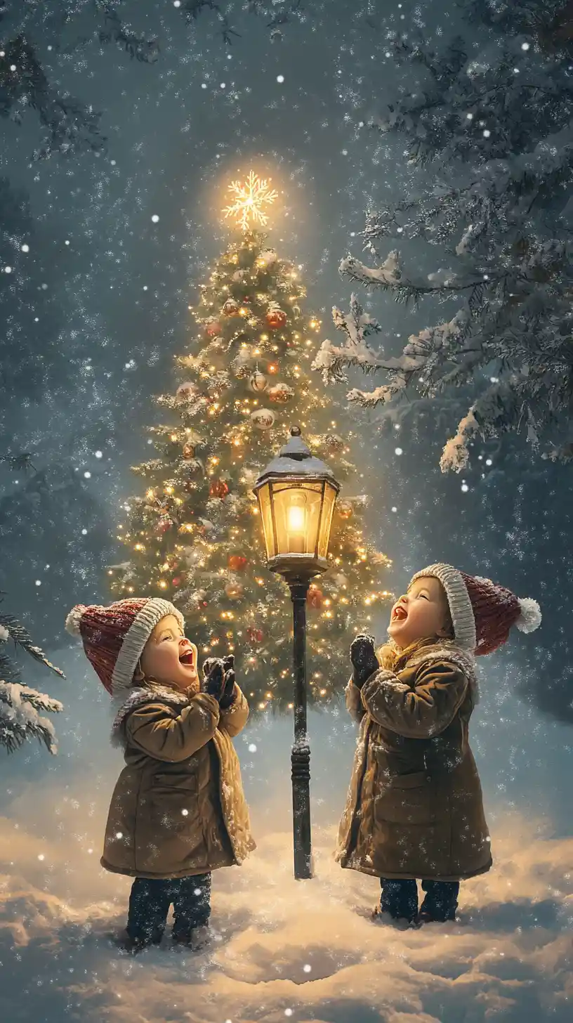 Bambini che cantano accanto a un albero di Natale luminoso in inverno