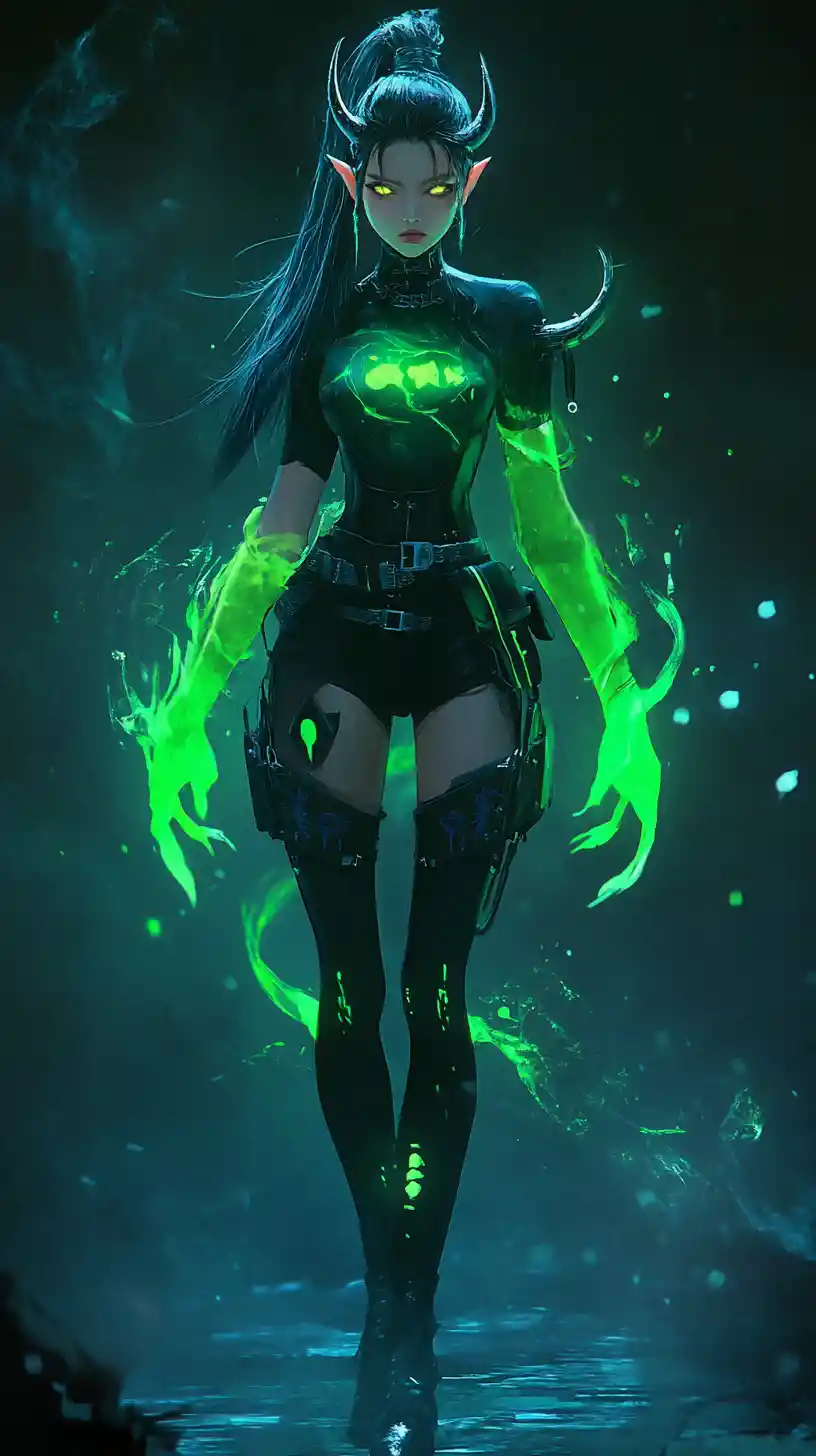 Determined young demon hunter in sleek fantasy outfit