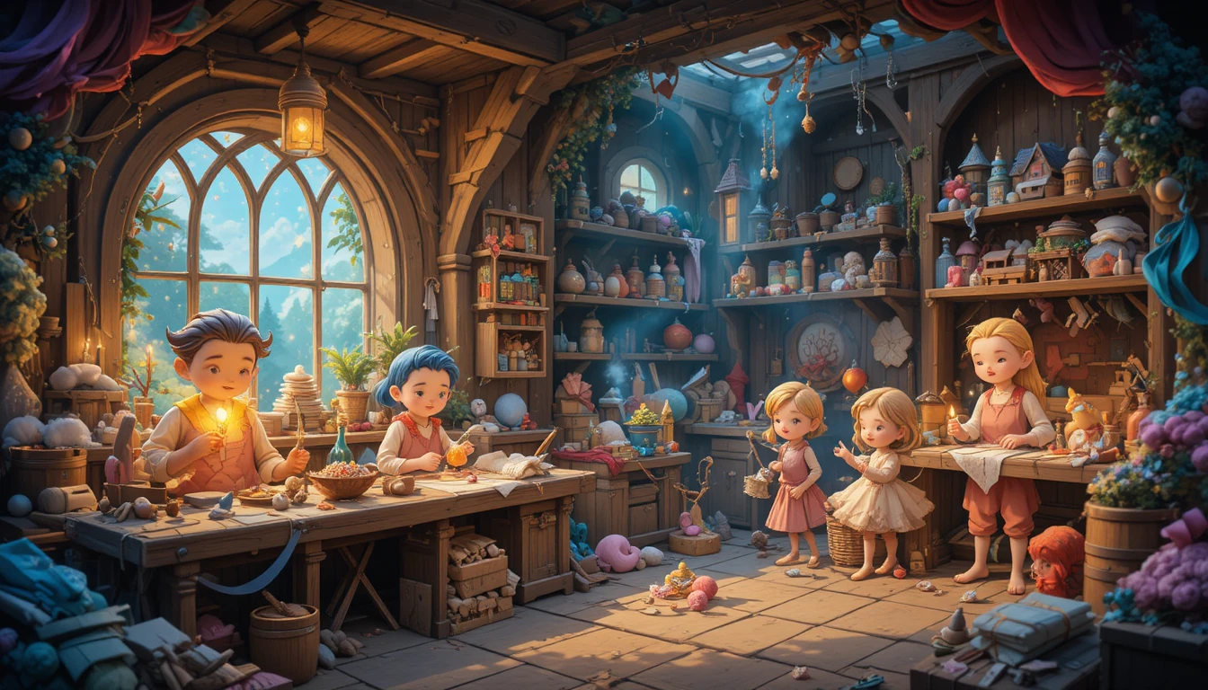 Magical toy workshop glowing warmly before Christmas night