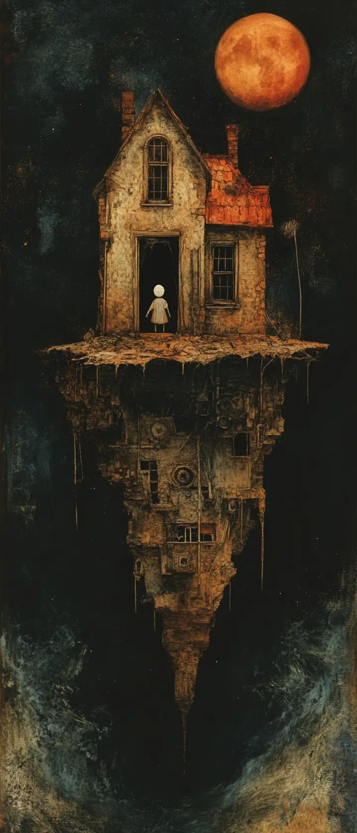 Anime dollhouse hanging above an endless swirling void