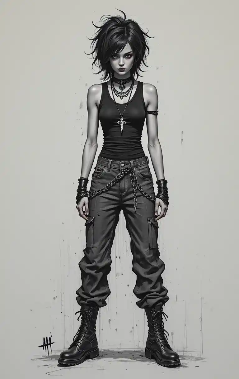 Skinny gothic figure in chains and combat boots sketch
