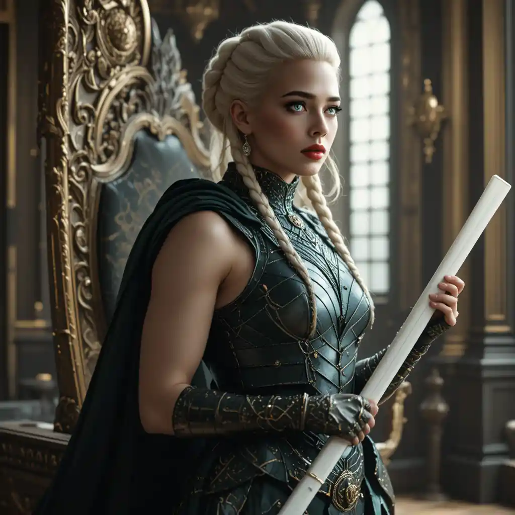 Muscular warrior woman by a throne in palace armor