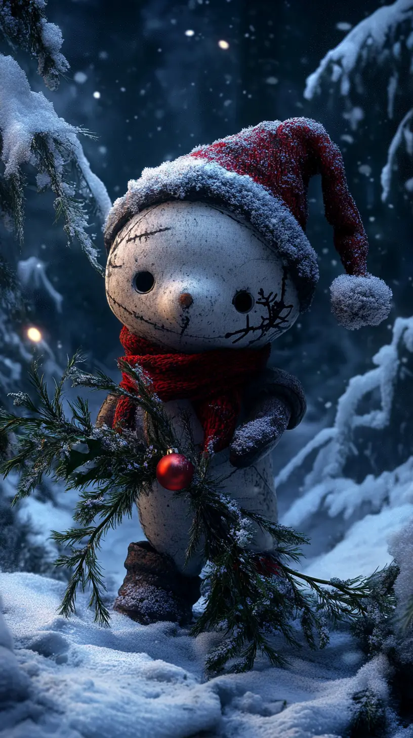 Dark plush toy in a haunted snowy winter forest
