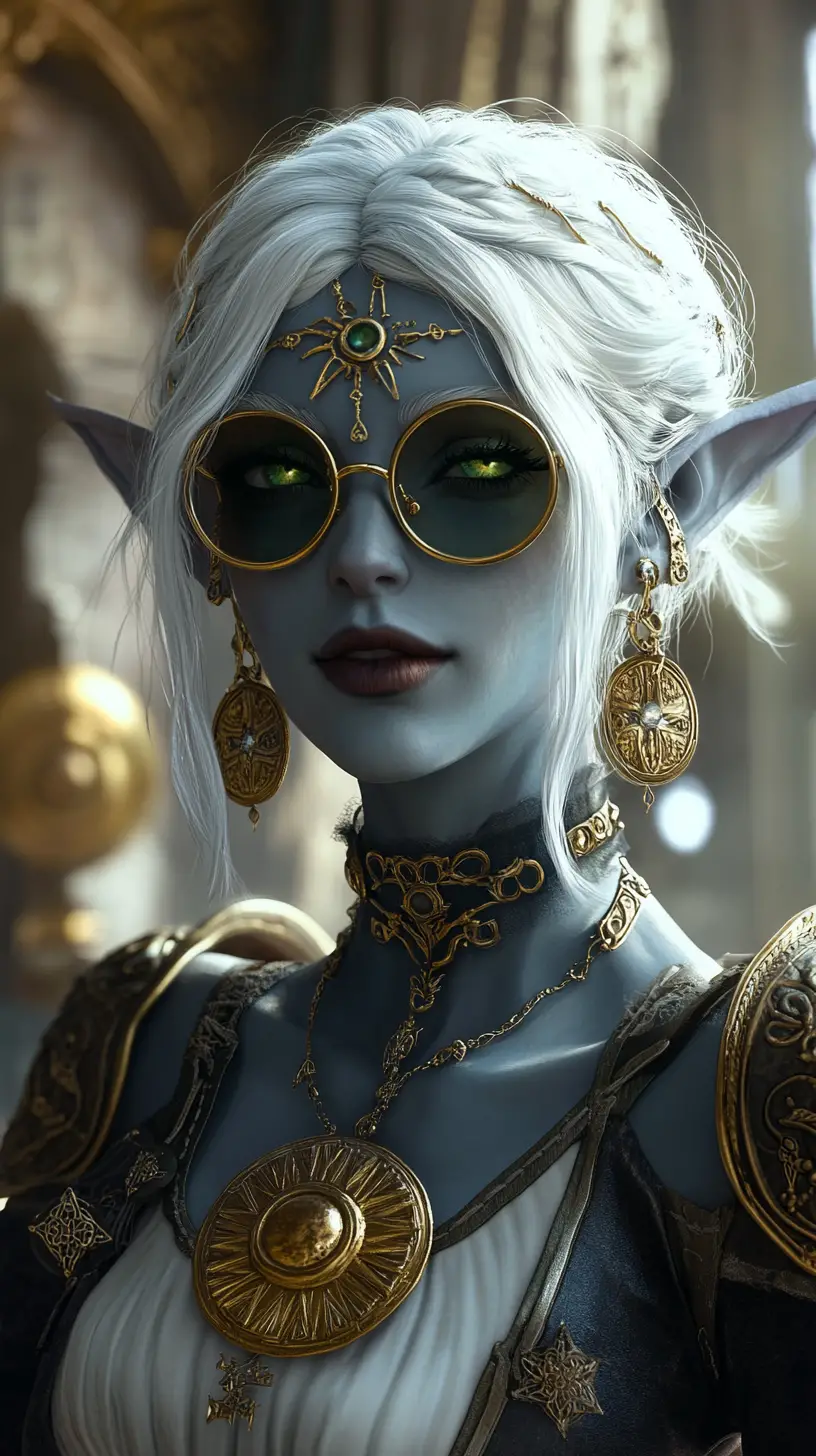 Dark elf woman with gold jewelry and celestial headdress