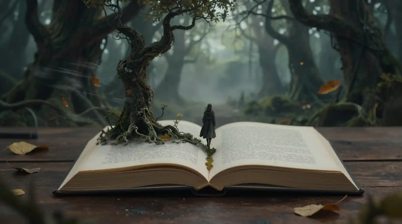 Floresta Encantada Surgindo de um Livro Aberto sobre a Mesa