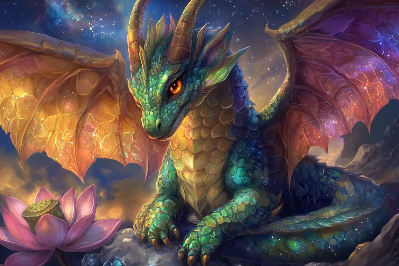 Rainbow dragon coiled around a glowing lotus flower