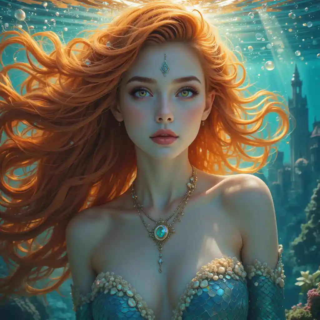 Mistica dea del mare con fluenti ricci arancioni sott’acqua