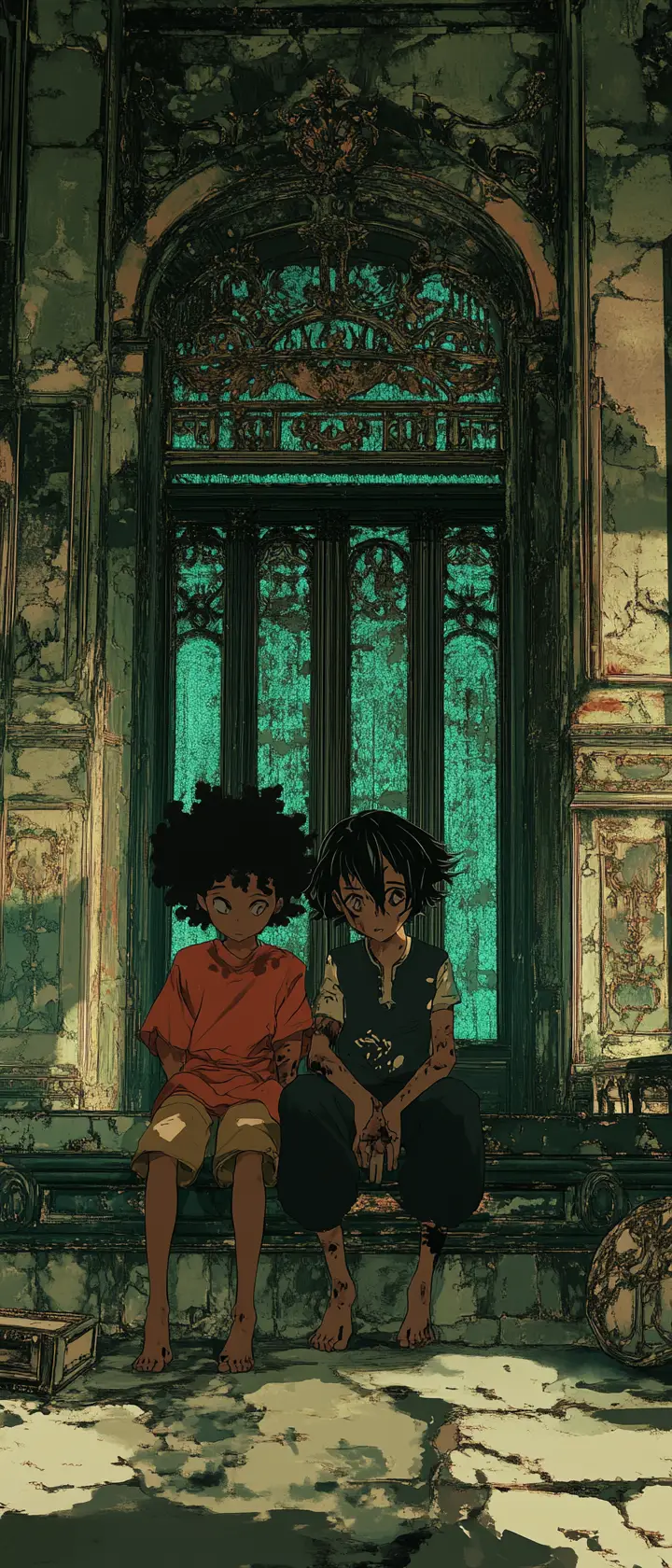 Anime children on a bench in a crumbling ornate library