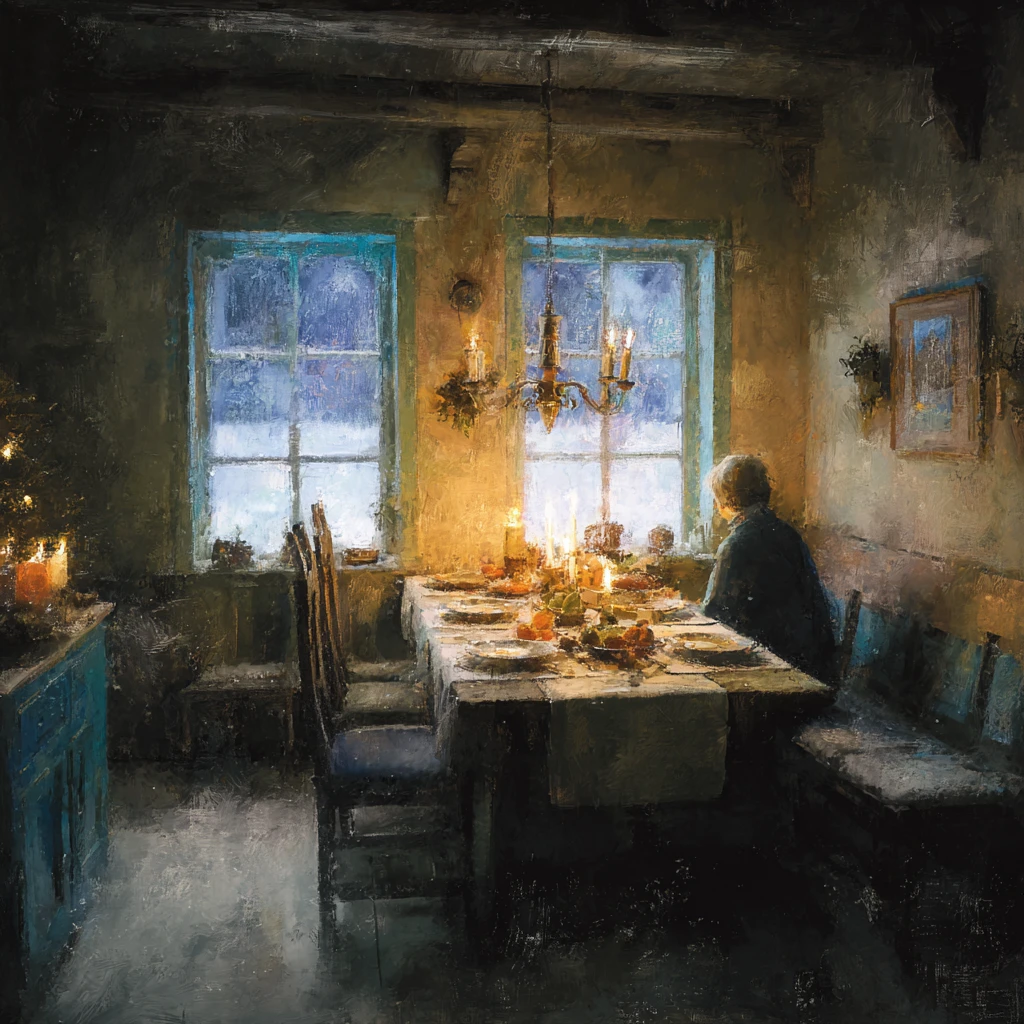 Table de Noël paisible, brillant doucement dans la nuit d’hiver