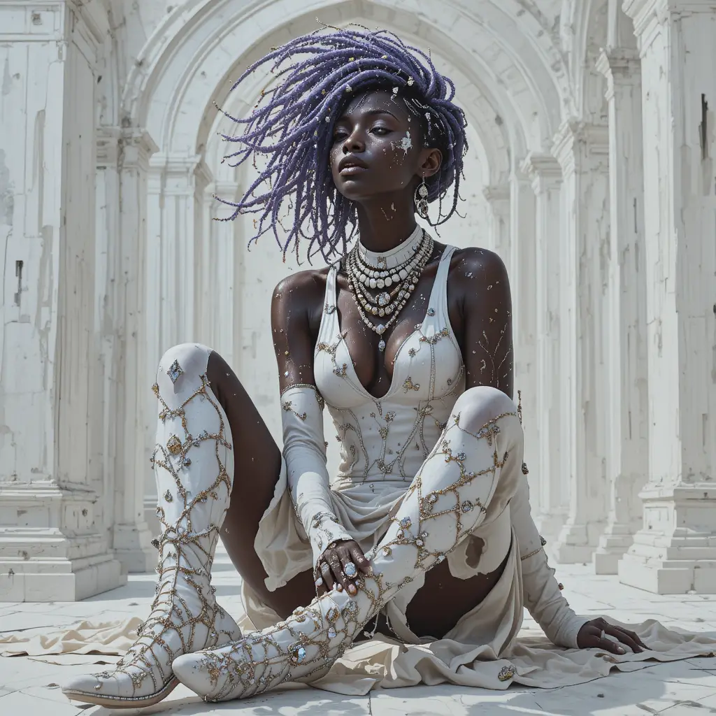 Abstract portrait of a woman in white architectural space