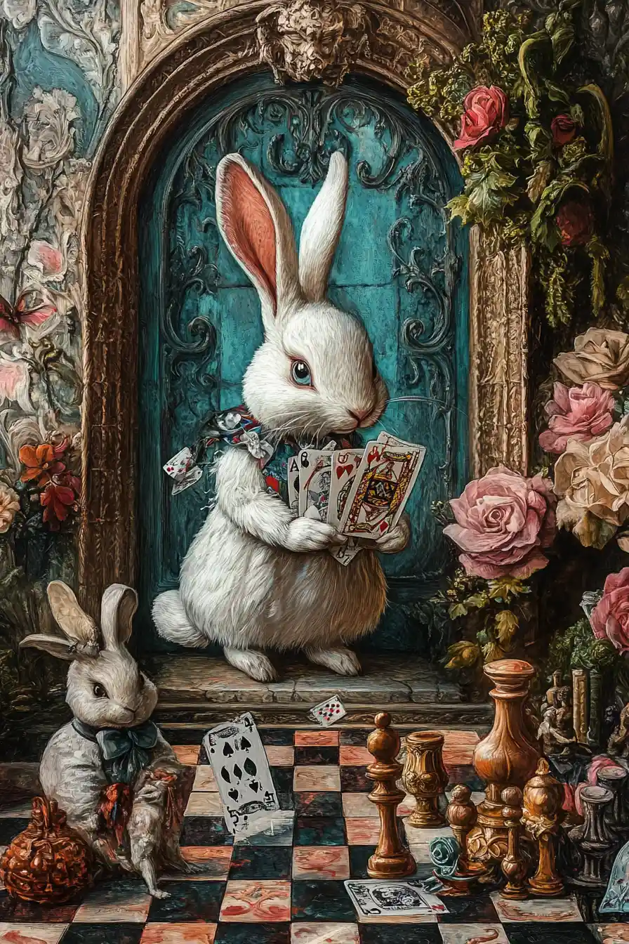 Surreal white rabbit in a dramatic baroque fantasy scene