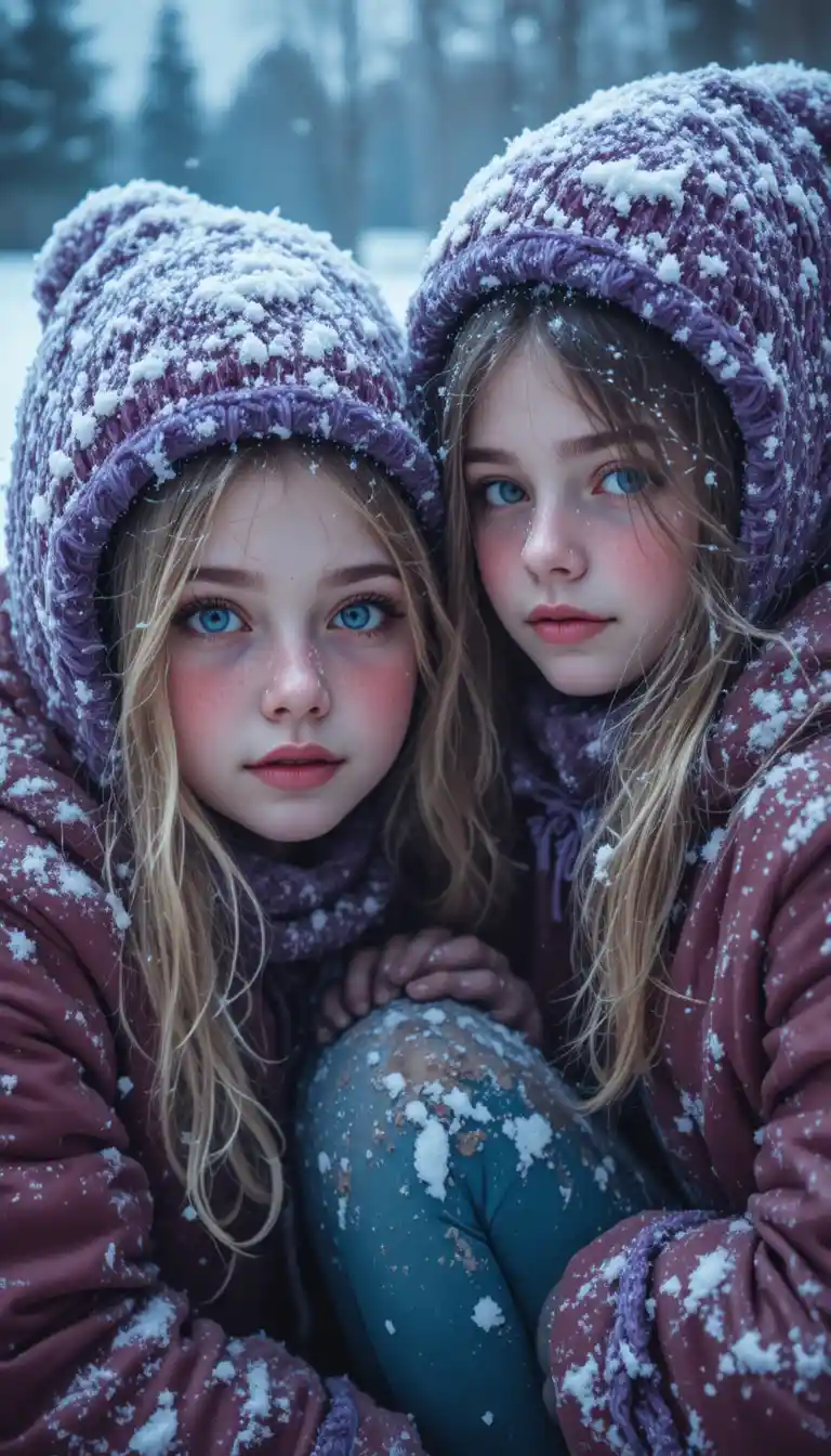 少女們在雪白冬日景色中瑟縮相依