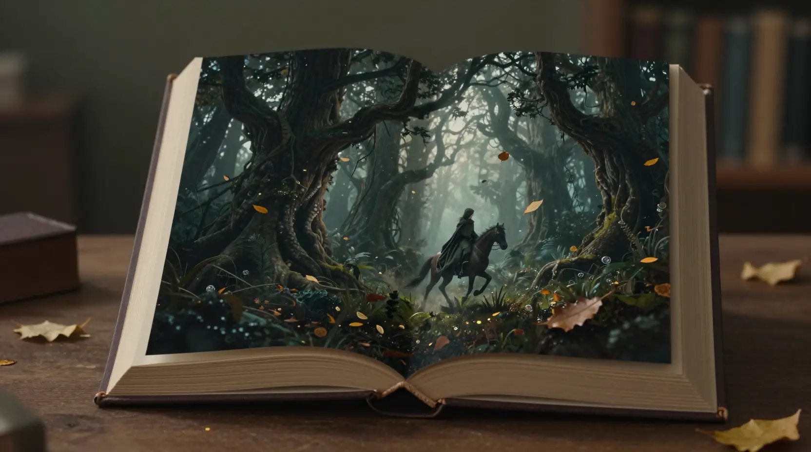 Cloaked rider emerging from an enchanted forest book