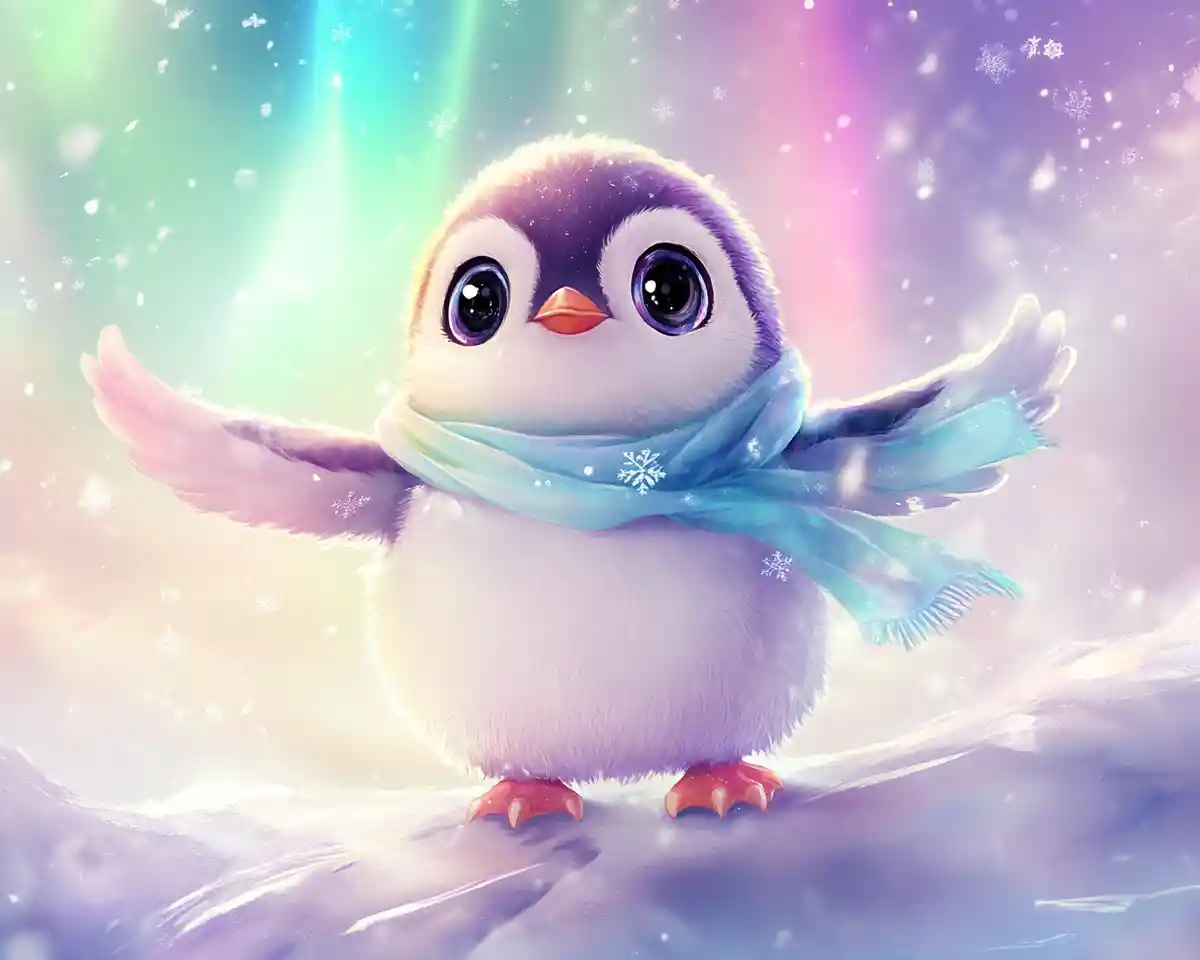 Adorable poussin manchot trottinant sur une glace enneigée aux tons pastels