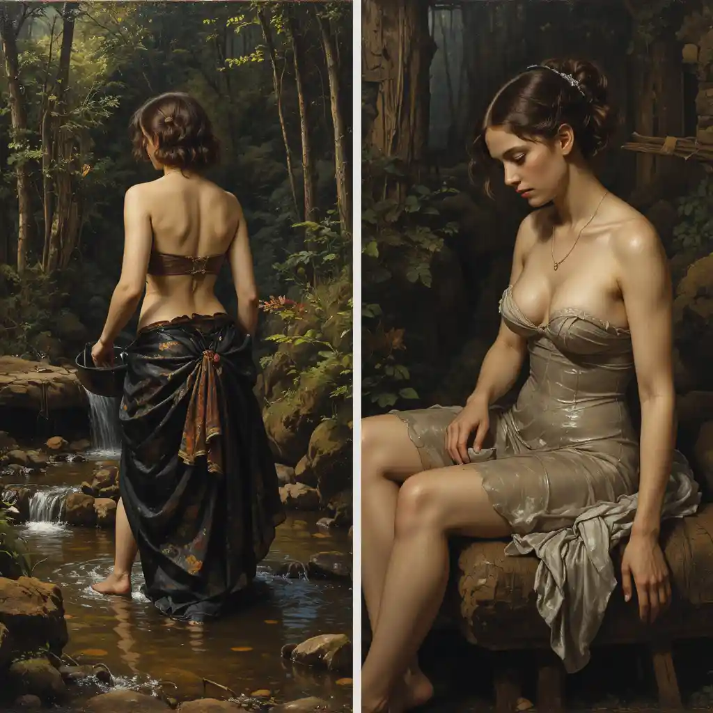 Donna nuda che fa il bagno in un tranquillo ruscello nel bosco