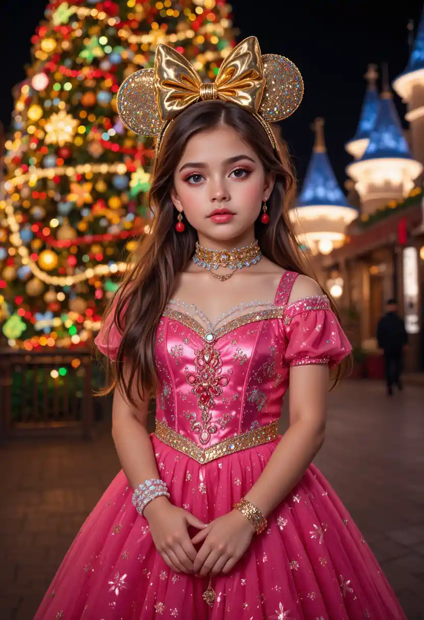 Tween girl in pink dress by Disneyland Christmas tree