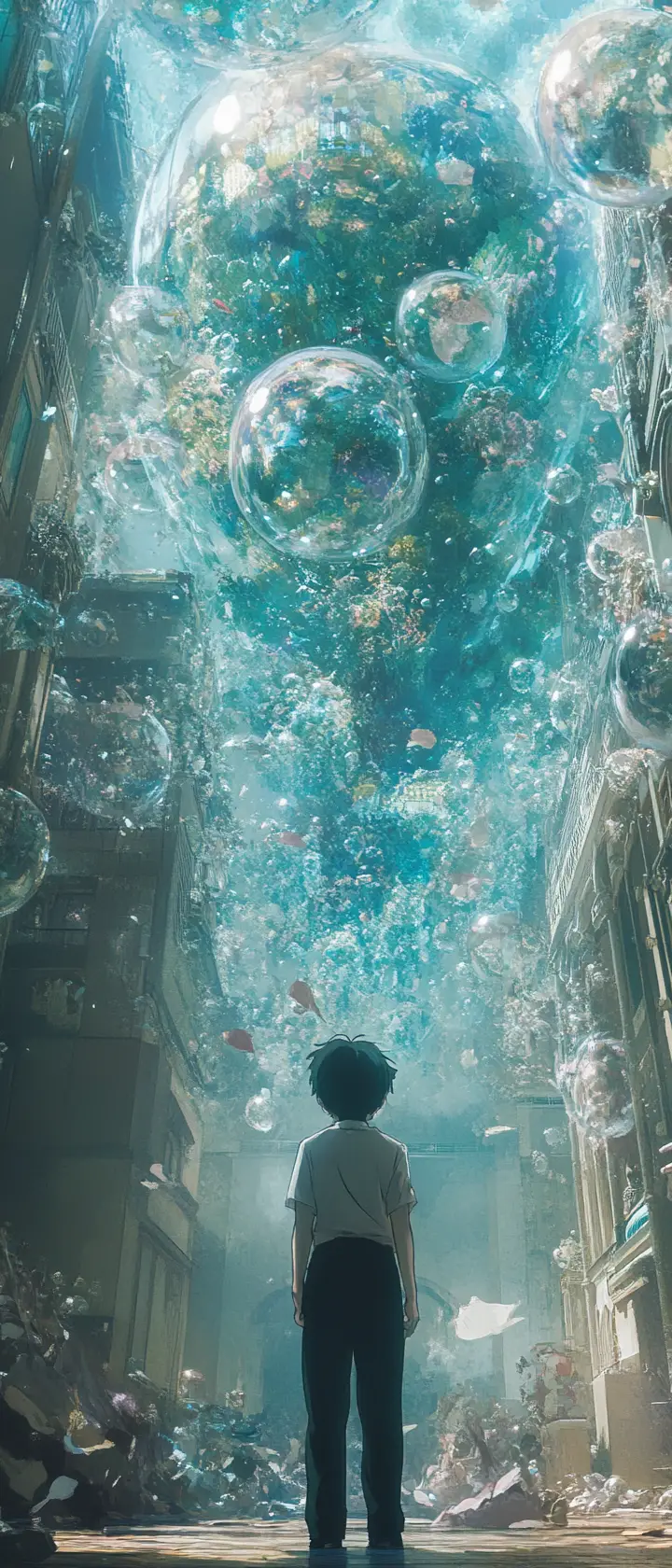 Anime boy surrounded by glowing emotional glyphs in air