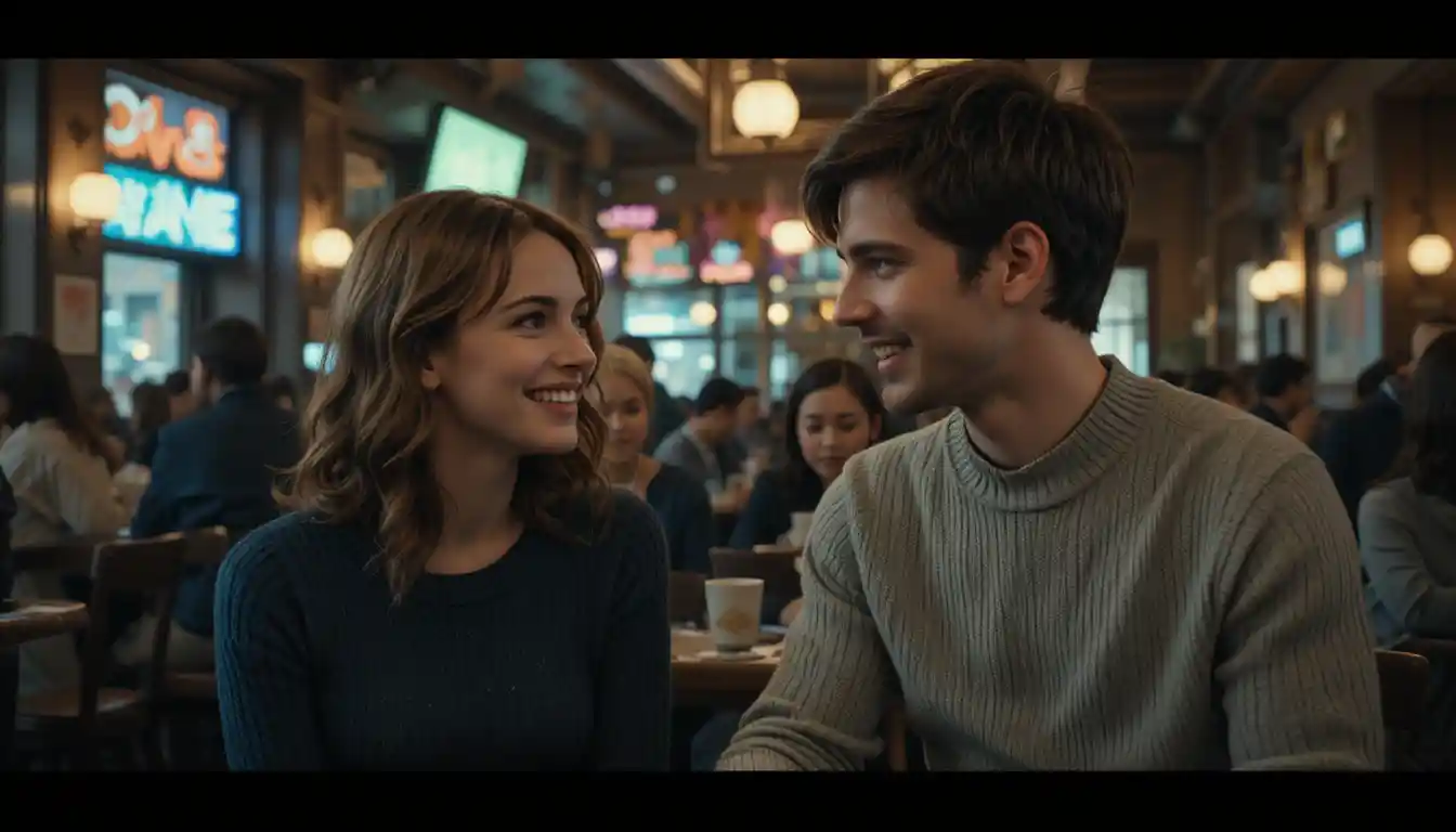Femme souriante dans un café animé avec un éclairage cinématographique dramatique