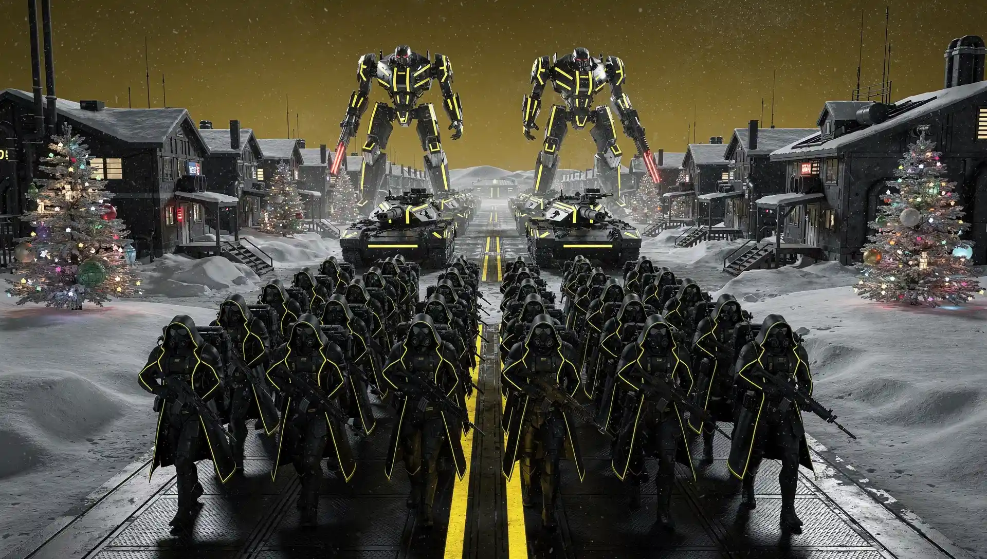 Futuristic armored column marching through snowy sci fi base