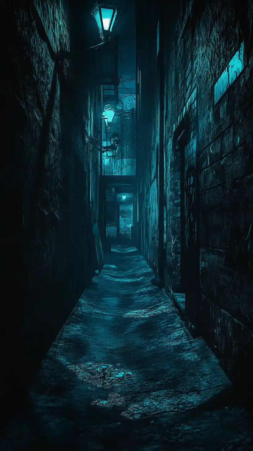 Close up view of a dark abandoned alley at night