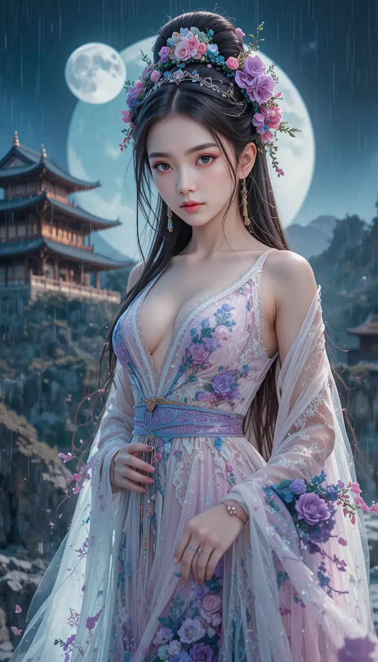 Girl in hanfu before ancient palace with colorful ink sky