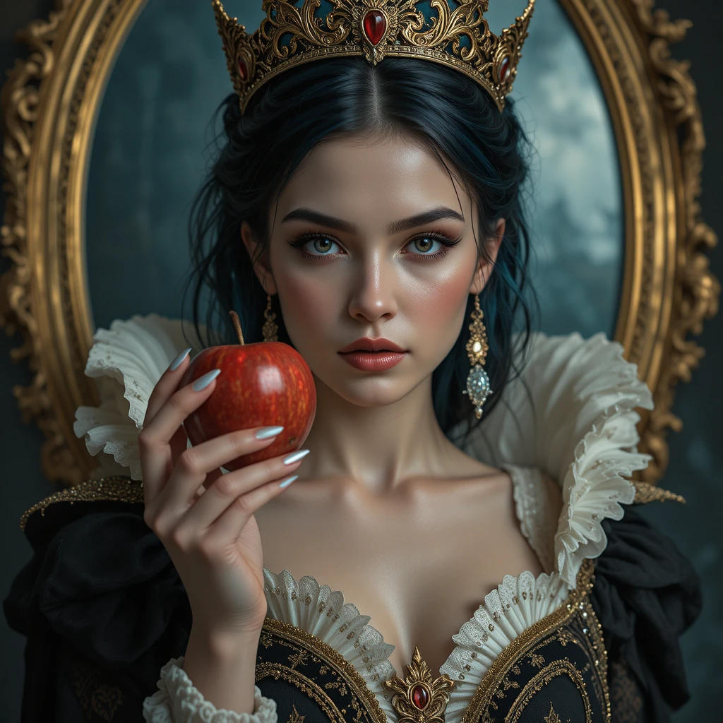 Beautiful queen holding an apple before a golden magic mirror