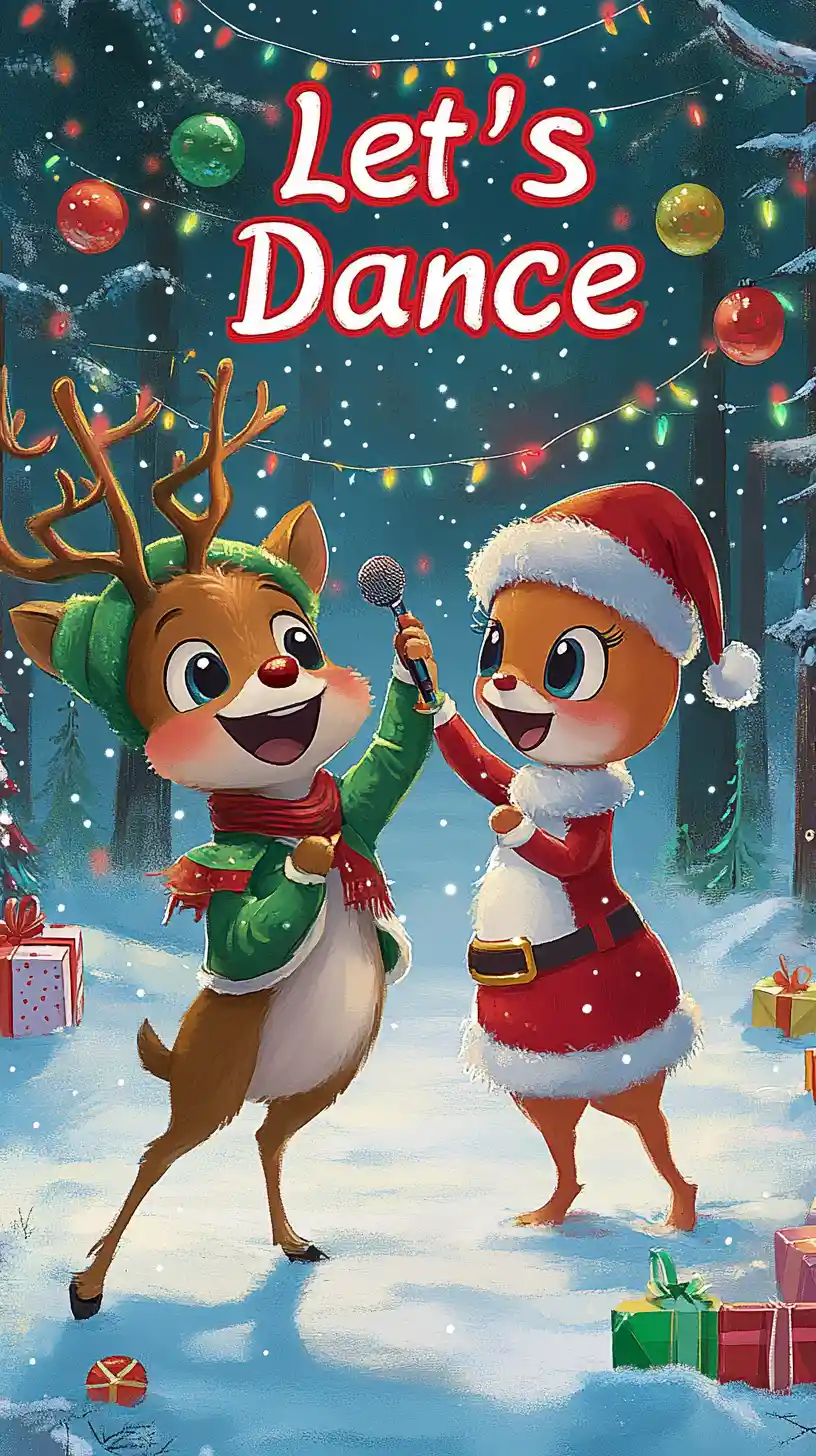 Joyful reindeer and friend dancing in a snowy christmas forest