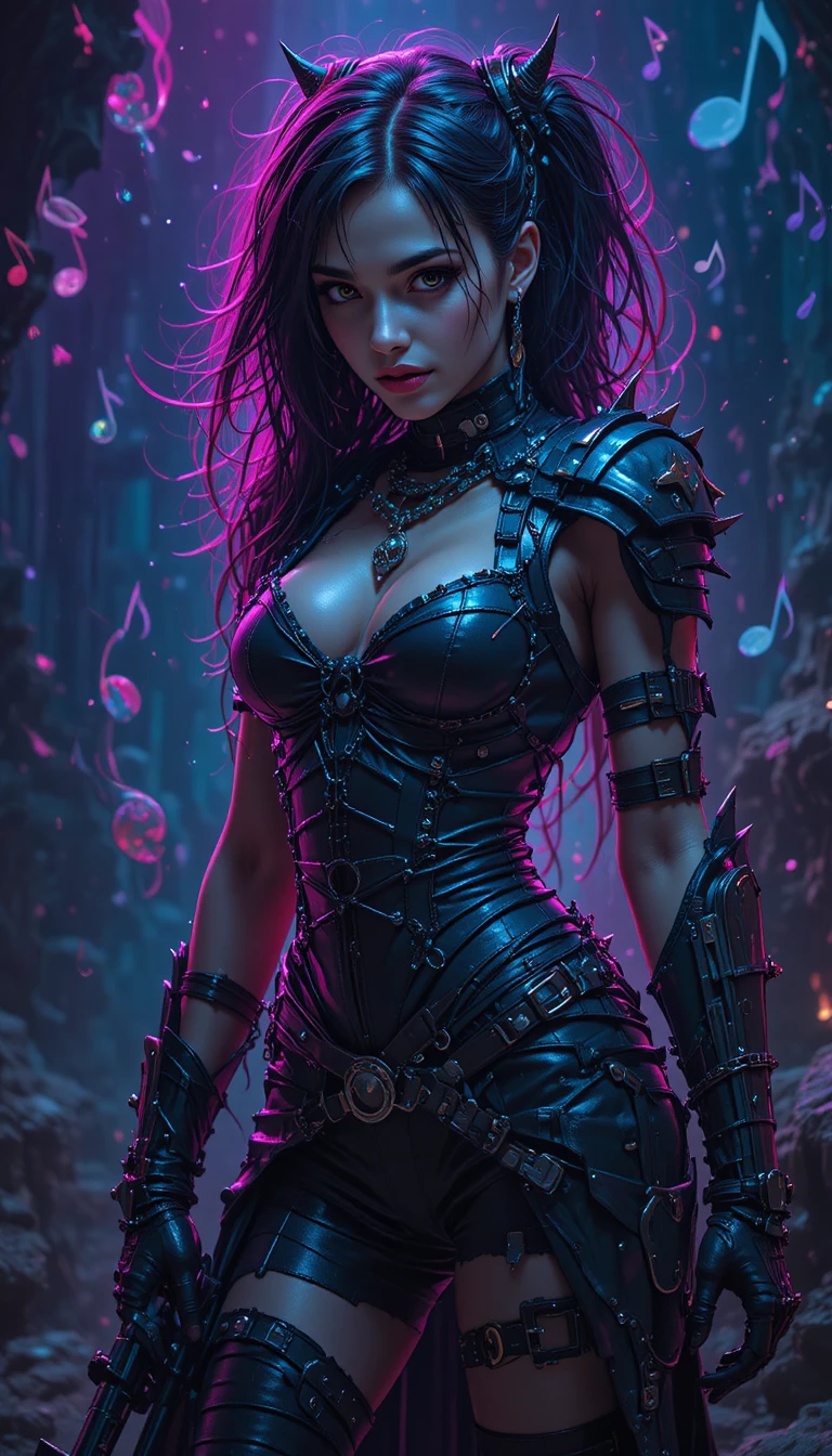 Defiant punk warrior woman in neon lit dark void