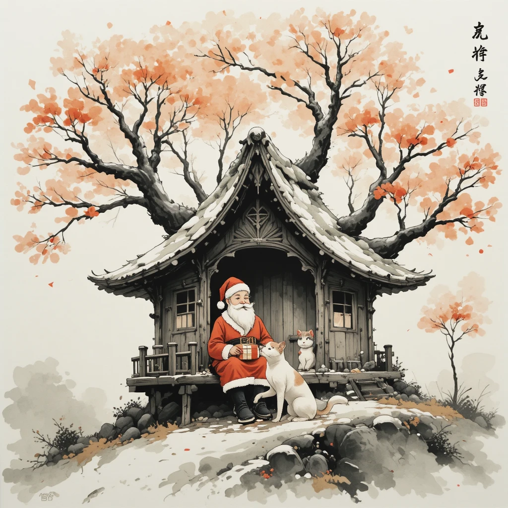 Detailreiche Tintenzeichnung eines friedlichen Sakura-Baumhauses