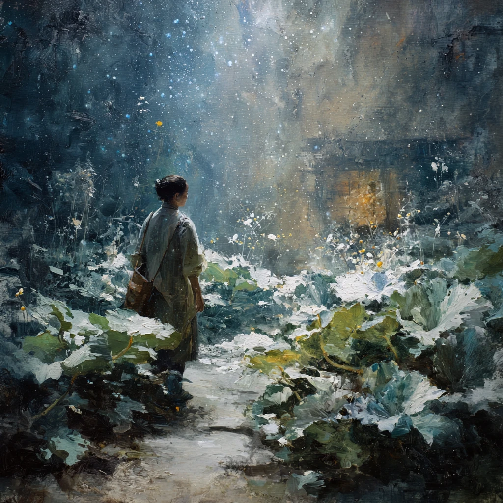 Traveler in a glowing alien garden of crystalline stars