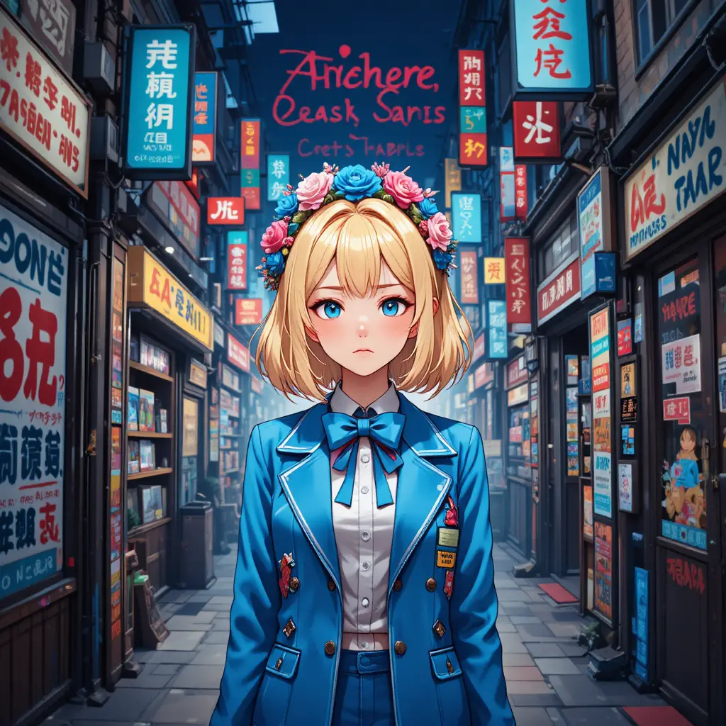 Anime girl in blue jacket amid urban graffiti collage