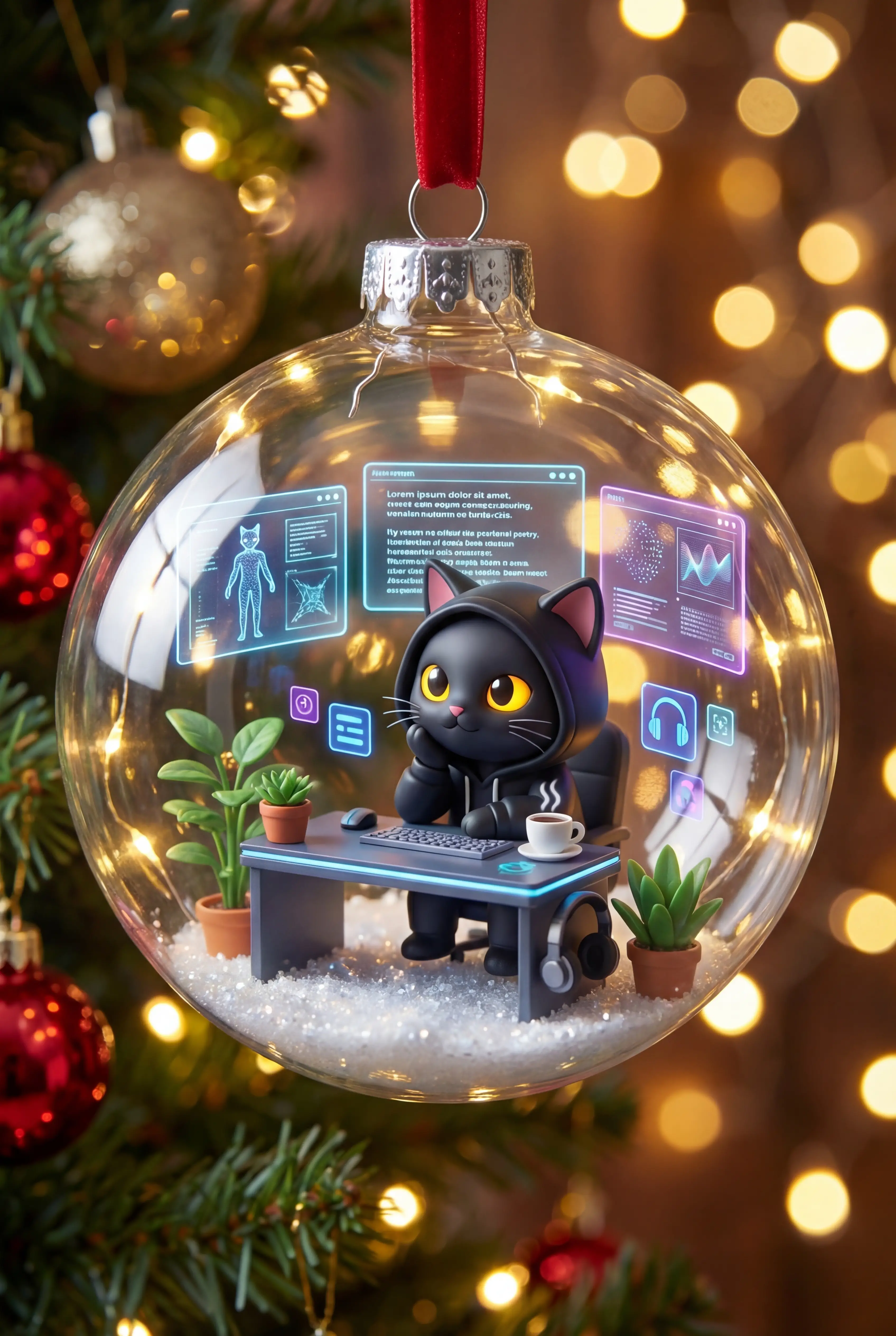 Transparent christmas bauble with dreamy chibi ai workspace
